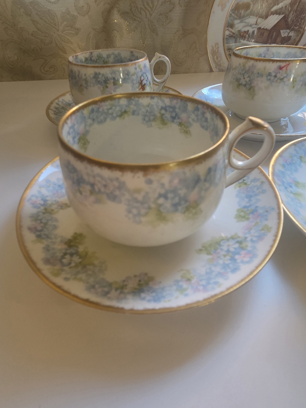 Pairs of Antique Limoges Handpainted Blue And Gold Teacups Set Of 4 Pairs